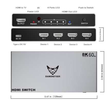 8K HDMI 2.1 Switch 4 in 1 Out 4K 120Hz Selector PS5 Xbox PC | 8K@60Hz VRR & Dolby Vision support with wireless IR remote & aluminum alloy body - size: 4x1 8K@60HZ