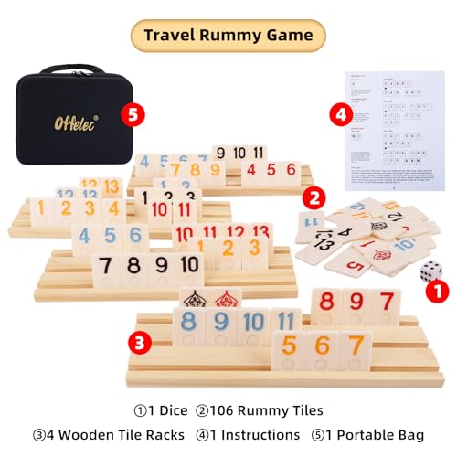 Upgraded Rummy Cube Game Set & 4 Wooden Racks, 106 Large Number Rummy Tiles and Portable Case, Classic Rummy Games for 2-4 Players, Travel & Family Board Game for Adults, Kids & Parties, Great Gifts - color: Upgraded Rummy Game With Bag