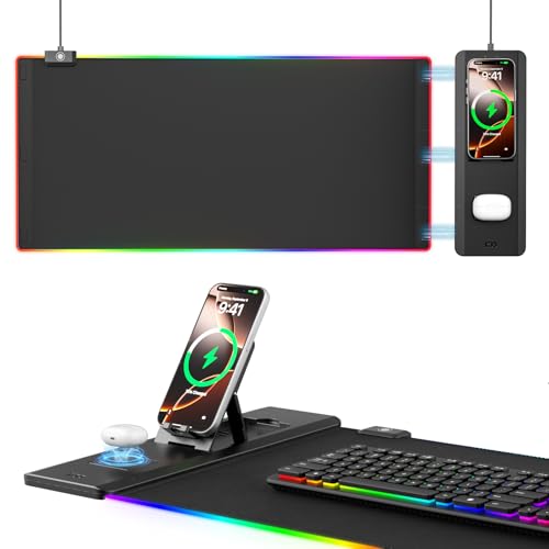 KDD RGB Mouse Pad with Wireless Charging - Desk Mat with Phone Holder and 15W Fast Charger - Gaming Mousepad with Ultra-Smooth Surface, Non-Slip Base - Keyboard Mat for Home Office Gamer Accessories
