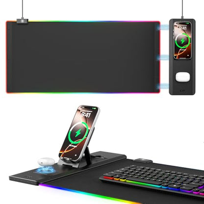 KDD RGB Mouse Pad with Wireless Charging - Desk Mat with Phone Holder and 15W Fast Charger - Gaming Mousepad with Ultra-Smooth Surface, Non-Slip Base - Keyboard Mat for Home Office Gamer Accessories