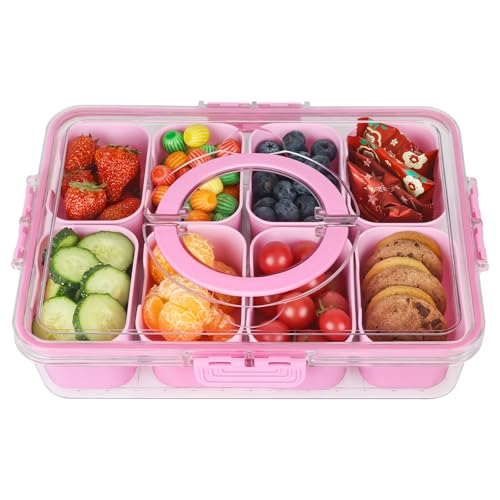 shopwithgreen Divided Serving Tray with Lid and Handle, Portable Snackle Box Charcuterie Container for Party, Veggies, Fruits, Nuts, Candy, Food Tray Platter Snack Box for Entertaining, Picnic, Pink - color: Pink, size: 8 Compartments
