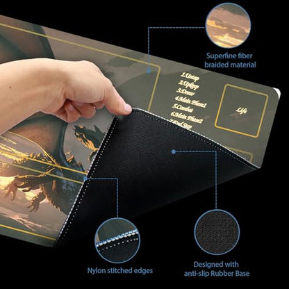 MTG Playmat with Storage Tube & 7-Dice Set - Waterproof TCG Playmat with Stitched Edges, Non-Slip Rubber Card Game Mat (24"x14") (playmat with Zones, 2-Dragon) - color: 2-dragon, style: playmat with zones