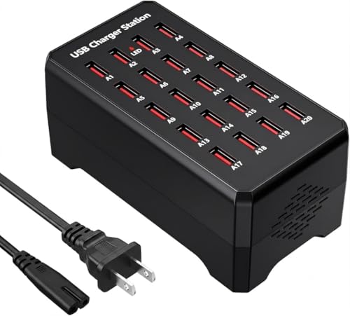 USB Charger, 100W(20A) Desktop USB Charging Station, 20-Port Multi-Function Smart Charger Kompatibel mit iPhone 11/12/13/14/15/16/Galaxy S24/S23/S22/S21/iPad/Tablets/Smartwatches/Headphones