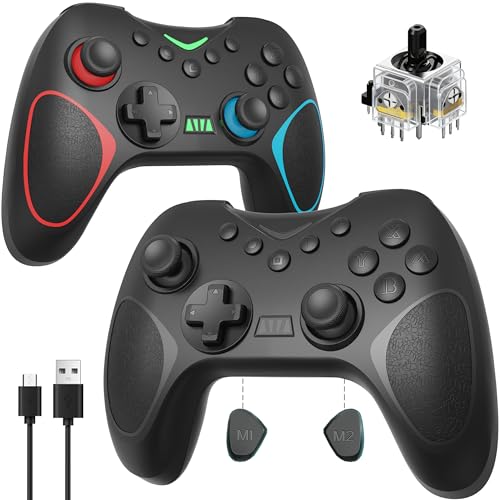 Playnex 2 Pack Wireless Controllers for Nintendo Switch/PC, Hall Effect Joysticks, RGB Lighting, 6-Axis Gyro, Turbo, Dual Vibration & Programmable M1/M2 Buttons (Black + Red/Blue) - color: Black + Red/Blue 2-Pack