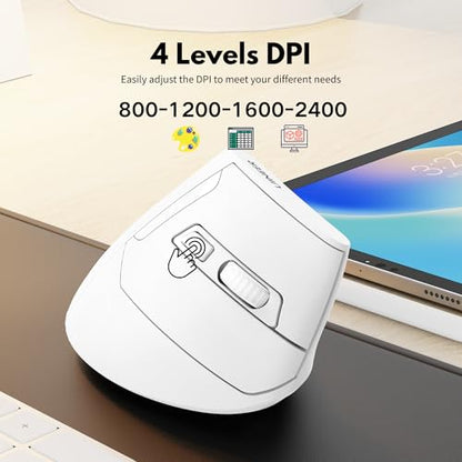 Uineer Ergonomic Vertical Mouse, 2.4G Wireless Mouse, Rechargeable, 4-DPI | Right-handed vertical design with 2.4G USB-A connection, rechargeable battery and visible battery level. - color: White
