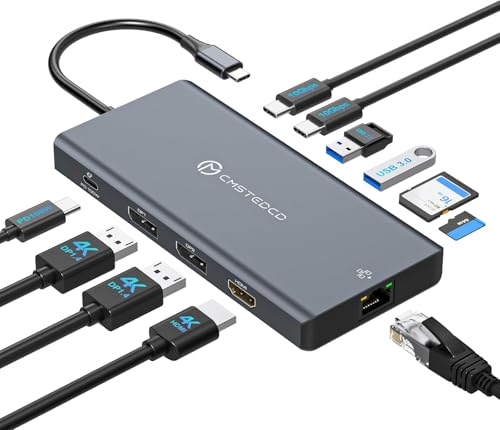 USB C Laptop Docking Station 3 Monitors with Dual DisplayPort 4K@120Hz and HDMI 4K@60Hz, 12 in 1 Thunderbolt Hub with USB A 3.0, USB C 3.2, Ethernet, SD, TF, PD 100W - size: DP+DP+HDMI