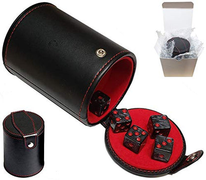 Cyber-Deals Set of 16mm Marbleized Dice and Black PU Leather, Velvet Lined Dice Cup with Storage Compartment (Gift Boxed) (Charcoal Dice, Red Lining Cup) - color: Charcoal Dice, Red Lining Cup