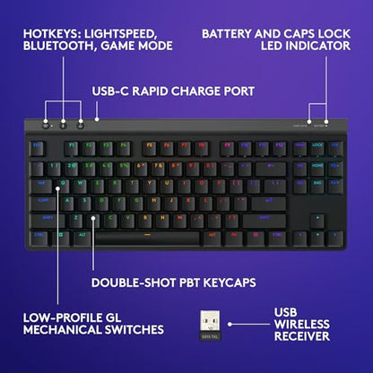 Logitech G515 Lightspeed TKL Wireless Gaming Keyboard (Tactile) - Black | LIGHTSPEED, low profile gaming, LIGHTSYNC RGB, thin tenkeyless design, PBT keycaps, mechanical switches - color: Black, style: Wireless