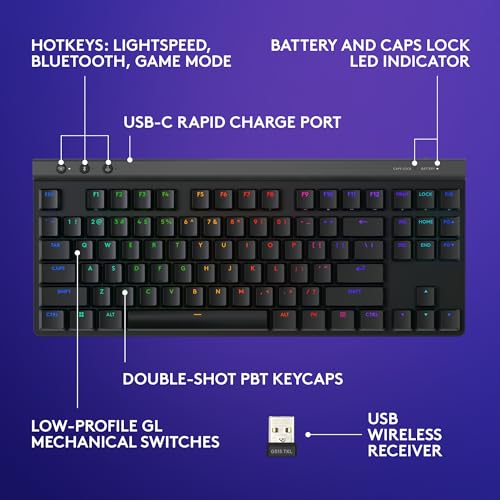 Logitech G515 Lightspeed TKL Wireless Gaming Keyboard (Tactile) - Black | LIGHTSPEED, low profile gaming, LIGHTSYNC RGB, thin tenkeyless design, PBT keycaps, mechanical switches - color: Black, style: Wireless