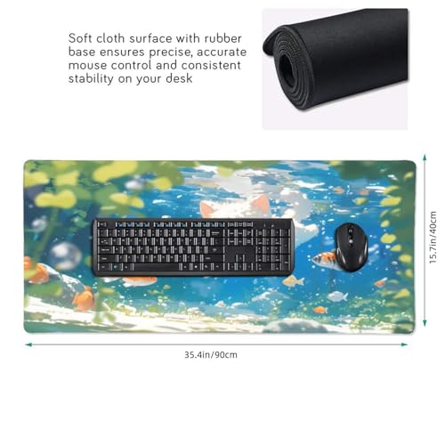 XXL Gaming Mouse Pad 35.4x15.7 inch, Cute Kawaii Cat Landscape Theme Desk Mat,Large Water Swimming Fish Scene Mousepad (Water Kawaii Cat) - color: Water Kawaii Cat