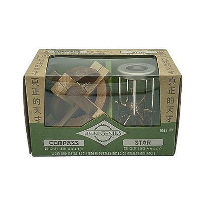 Project Genius Compass and Star Combo, True Genius - Disentanglement Puzzles, Brain teasers, Adult Puzzle, Wooden (TG018)