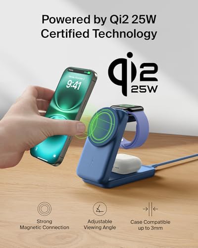 Belkin Qi2.2 25W Magnetic Wireless Charging Station, 3-in-1 Foldable Stand | Fast charging, MagSafe compatible, iPhone charger 17/16/15, Apple Watch, AirPods, Pixel 10, Galaxy S26, 45W adapter