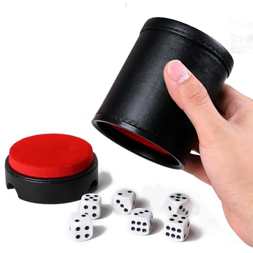 Dice Cup Leather Set with Lid, Felt-Lined PU Leather Quiet Shaker for Yahtzee Farkle Dice Board Games, Set of Six 16mm Dice Included