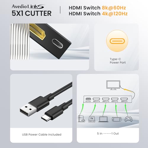 avedio links 8K HDMI2.1 Switch with Remote 5x1, 5 in 1 Out HDMI Splitter with Remote, Auto Switch HDMI Selector Box Support 4K@60Hz, HDCP2.3, HDR, 3D, for PS5, Xbox, Fire Stick, Blu-ray, HDTV