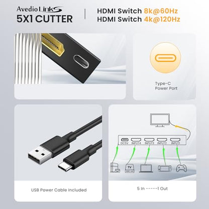 avedio links 8K HDMI2.1 Switch with Remote 5x1, 5 in 1 Out HDMI Splitter with Remote, Auto Switch HDMI Selector Box Support 4K@60Hz, HDCP2.3, HDR, 3D, for PS5, Xbox, Fire Stick, Blu-ray, HDTV