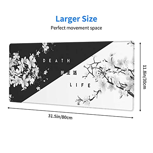 Black White Cherry Blossom Mouse Pad Japanese Sakura Death Life Extended Desk Mat 80X30 cm Non-Slip Rubber Base Stitched Edge Large XL Playmat for Gaming Laptop Computer PC Desktop,31.5×11.8 Inch - color: Black White, size: 31.5 x 11.8 inches