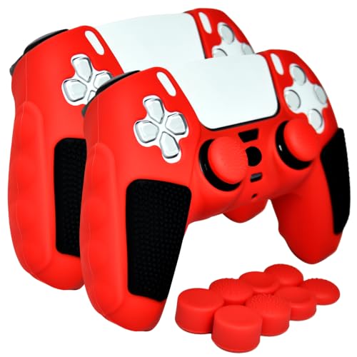 2 Pack Red Anti-Slip PS5 Controller Skin,Soft Thicken Studded Protective Silicone Cover Skin Grips Compatible with PS5/Slim/Pro Controller and 8 PCS Thumb Grips Caps. (2 Pack Red) - color: 2 Pack Red