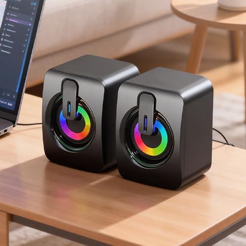 1 Pair USB-Powered Computer Speakers with Colorful LED Lights, Compact Stereo Design for Desktop, Laptop, Gaming, Office & Travel - color: Black