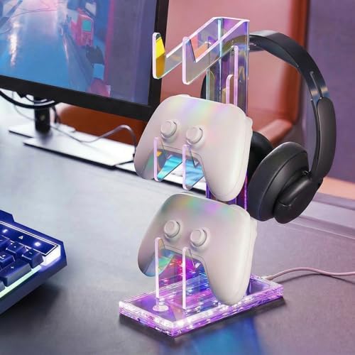 NiHome Controller Holder & Headphone Stand, LED Acrylic 3-Tier Gaming Desk | USB-Powered 7 Colors 3 Modes, Anti-Slip Headset Cable Management, Gamer Gift For PS5 Xbox - size: 3-Tier