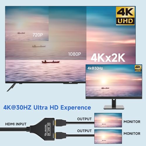 BATU HDMI Splitter 1 in 2 Out 4k 30hz HDMI Cable 2.0 Male to Dual Female with Power USB Cable for HD, LED, LCD, TV Dual Monitors Duplicated-Mirror Support 1080P 3D Full HD