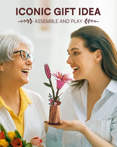 Rowood Wooden Flower Kit,DIY Artifical Flower Building Set Craft Kit for Adults,Mother's Day/Valentine's Day for Mom/Women/Grandma-Pink Lily - style: Pink Lily