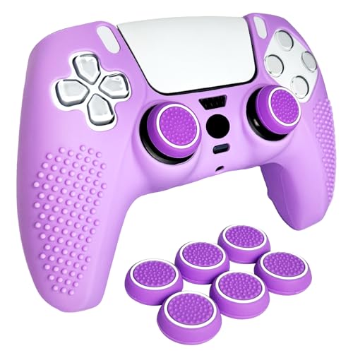 Anti-Slip Purple Controller Skin,Studded Edition Protective Silicone Cover Skin Grips Compatible with PS5/Slim/Pro Controller and 6 PCS Thumb Grips Caps. - color: Purple