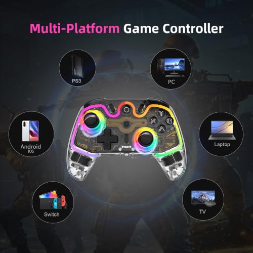 ASRVA Wireless Hall Effect Controller, Bluetooth/2.4G/Wired 3 Modes, RGB Transparent Gamepad with Trigger Lock, 6-Axis Gyro, Compatible with Switch/PC/Mac/PS3/Steam Deck/iOS/Android