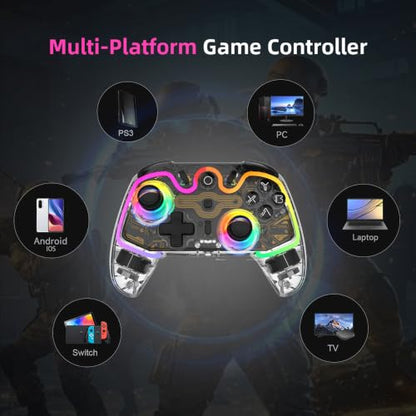 ASRVA Wireless Hall Effect Controller, Bluetooth/2.4G/Wired 3 Modes, RGB Transparent Gamepad with Trigger Lock, 6-Axis Gyro, Compatible with Switch/PC/Mac/PS3/Steam Deck/iOS/Android