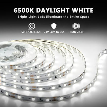 dalattin Dimmable White LED Strip Lights,576 LEDs/m Addressable High Density Flexible with Remote & App Control, 50ft LED Lights for Living Room, Bedroom, Kitchen Lighting - size: 50FT