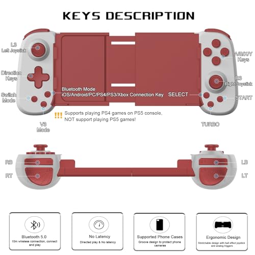 arVin Mobile Gaming Controller for Android/iPhone/iPad/Tablet/PC/Switch/PS3/PS4, Wireless Gamepad with Hall Effect Joystick/Turbo/6-axis Gyro/Vibration/Play Xbox Cloud Gaming/PS Remote Play/Steam Link - color: White&Red, size: Standard Version(D6)