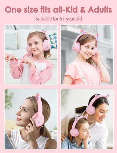 Cat Ear Bluetooth Headphones with Micphone for Kids & Adults, LED Light Up Wireless HI-FI Sound Quality, Over-Ear Headphones with Volume Control for iPhone/iPad/Laptop/PC(55H Play Time) - style: Adults-105dB-Pink