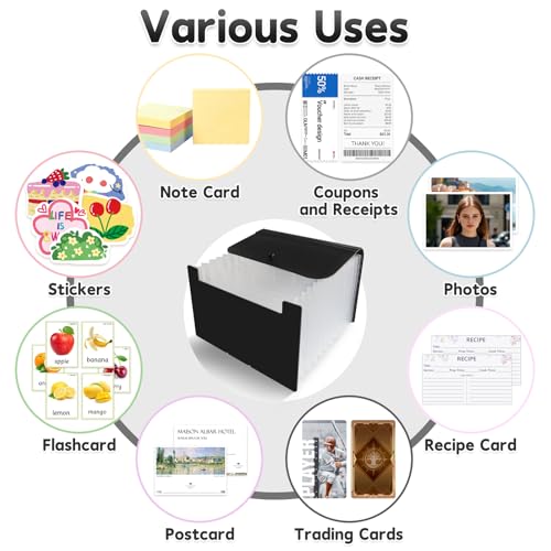 DHATMYC 4x6Index Card Holder Organizer 3x5Flash Note Card Storage Box,BLACK | A6 File Case Flashcard Notecard Container with Dividers and 13 Expandable Pockets for Recipe Coupon Stickers Scrapbook Paper - color: BLACK