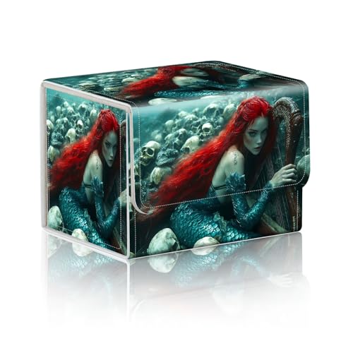 Trading Card Storage Box, Holds 100+ for MTG Cards, PU Leather with Magnetic Closure, Red Haired Mermaid with Harp and Skulls Durable Deck Box for Magic the Gathering, Trading Card Games - color: Red Haired Mermaid with Harp and Skulls