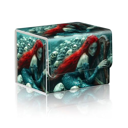 Trading Card Storage Box, Holds 100+ for MTG Cards, PU Leather with Magnetic Closure, Red Haired Mermaid with Harp and Skulls Durable Deck Box for Magic the Gathering, Trading Card Games - color: Red Haired Mermaid with Harp and Skulls