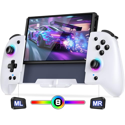 Spican Switch Controllers for Nintendo Switch/OLED, Full-Size Switch Joy-pad for Better Handheld Mode, Switch Accessories Wireless Pro Controller with RGB Light/Battery/Turbo/Macro/4 Game Slot - color: White, size: 6.2"/7"