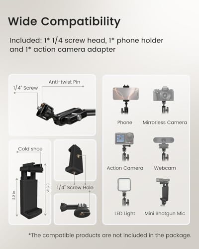 CAMBOFOTO 33" Magic Arm Phone Desk Clamp, Overhead Camera Mount, Boom Arm | Webcam Arm with 1/4" Screw, Stable C-clamp, Phone Holder/Action Cam Adapter Included, Long Phone Arm for POV Shot, Mic, Light