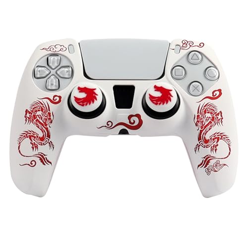 RALAN Dragon Controller Skin Silicone for PS5, Non-Slip Grip Cover Protector Compatible with PlayStation 5 Controllers with 2 Thumb Grip Caps - color: white Red thick dragon