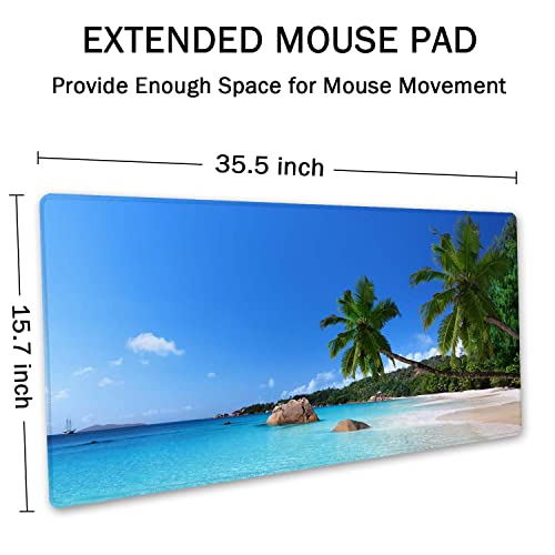 SSOIU Tropical Paradise Sunshine Beach Coast Sea Palm Trees Mouse Pad 35.5 X 15.7 Inch XXL Full Desk Mousepad Extended Large Non-Slip Rubber Base Waterproof Big Keyboard Mat with Stitched Edges - color: Beach Palm Trees