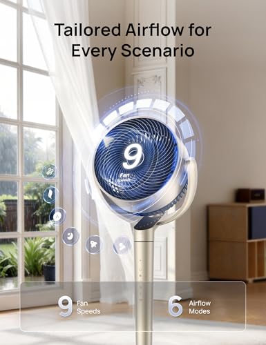 Dreo Pedestal Fan with Smart Control, 43'' Inches, 150°+120° Omni-Directional Oscillating Quiet Fans for Bedroom, 110ft Circulator Fan with DC Motor, 9 Speeds, 6 Modes, 12H Timer, Wi-Fi/Voice/Alexa - color: Gold