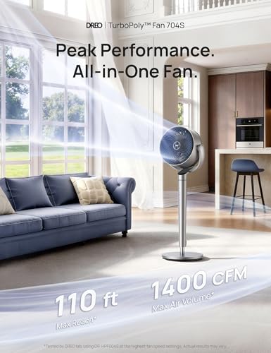DREO Smart Fan for Bedroom, 110ft Pedestal Fan with DC Motor, 150°+120° Omni-Directional Oscillation, Quiet Floor Fan with Smart Control, 9 Speeds, 6 Modes, 43'' Inches, 12H Timer, Wi-Fi/Voice/Alexa - color: Silver