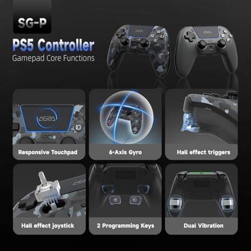 ASRVA Gray Camouflage Wireless Gaming Controller for PS5/ PC/Steam & Mobile, Hall Effect Joystick & Triggers, 6-Axis Gyro, 1000mAh Battery, Programmable Back Buttons - color: Gray Camouflage