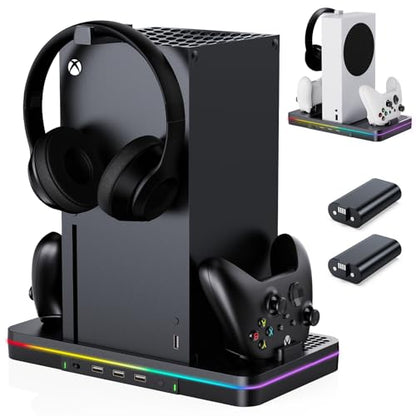 Cooling Fan Charging Stand for Xbox Series X/S Console, Vertical Dual Controller Charger Station Accessories with 2 X 1100mAh Rechargeable Battery, Fast Charging Station with 3 USB Ports&Headset Stand - size: Cooling Charging Stand + Battery Packs