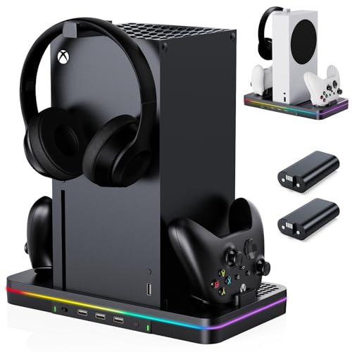 Cooling Fan Charging Stand for Xbox Series X/S Console, Vertical Dual Controller Charger Station Accessories with 2 X 1100mAh Rechargeable Battery, Fast Charging Station with 3 USB Ports&Headset Stand - size: Cooling Charging Stand + Battery Packs
