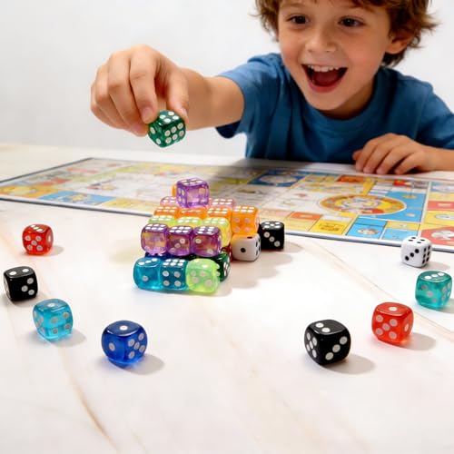 50 Pieces Dice Set, Translucent 6 Sided Colored Dices for Board Games, Math Learning, Classroom, Parties