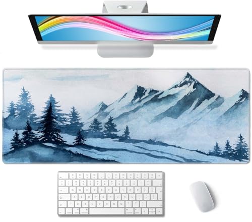 Watercolor Winter Mountains Landscape Desk Mat, Extended Big Mouse Mat for Home and Office, Large Gaming Mousepad Laptop Keyboard Mat with Non-Slip Rubber Base, Stitched Edges (31.50"x11.8"x0.12") - color: Watercolor Winter Mountains Landscape