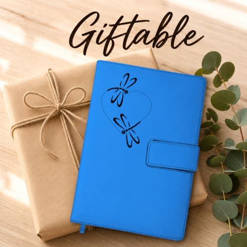The Amazing Office Dragonfly Refillable Journal, Light Blue Faux Leather, 200 Lined Pages, 5.75x8.5 Inch Notebook with Magnetic Clasp and Pen Holder, Writing Diary for Women and Men - color: Dragonfly Lt-Blue