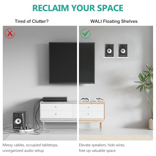 WALI Speaker Wall Mount, Heavy Duty Bookshelf Speaker Floating Wall Shelves, Surround Sound Speakers Stand for Living Room, Home Theater and Gaming Room, Holds up to 55 Lbs, (SWM302W), 1 Pair, White - color: White, size: 7.87" x 7.87"