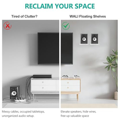 WALI Speaker Wall Mount, Heavy Duty Bookshelf Speaker Floating Wall Shelves, Surround Sound Speakers Stand for Living Room, Home Theater and Gaming Room, Holds up to 55 Lbs, (SWM302W), 1 Pair, White - color: White, size: 7.87" x 7.87"