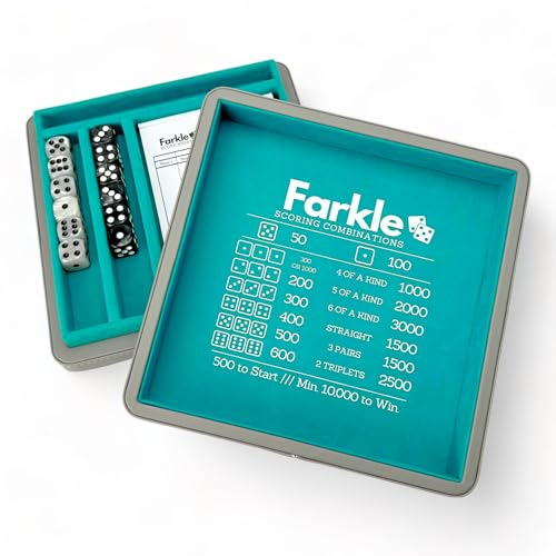 Luck Lab Farkle Dice Tray and Storage Case - Includes Embedded Scoring Combinations, 2 Sets of 6 Pearl Dice, 40 Sheet Score Pad and Pen Holder for The Classic Family Game (Grey and Turquoise) - color: Grey and Turqouise