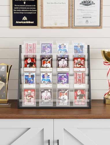 NiHome Trading Card Display Stand, 4-Tier Wood Acrylic for Graded PSA Slabs | Stackable Space-Saving Organizer Holds Up to 20 Toploaders or 16 Cases with Protective Clear Dividers